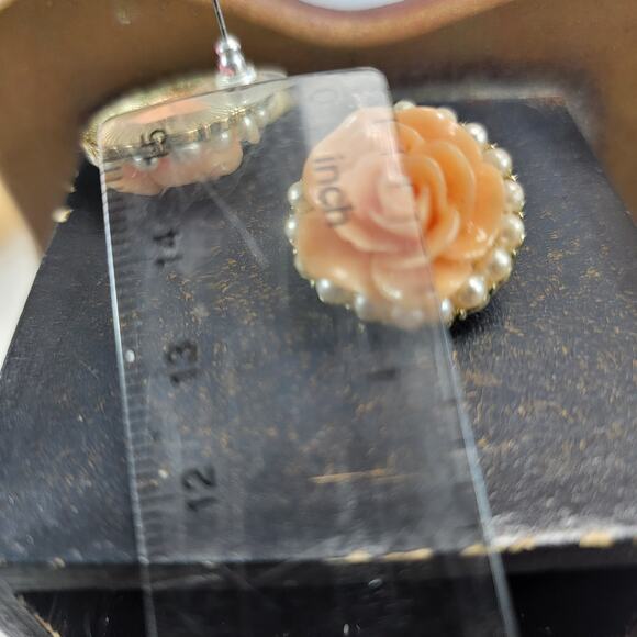 Peach Rose Stud Earrings with Pearl Border, Vintage Floral Statement Jewelry - Picture 9 of 10